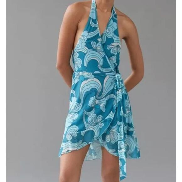 Urban Outfitters Blue Floral Halter Mini Wrap Dress XS NWT Boho Hippie Flowy - Picture 1 of 14